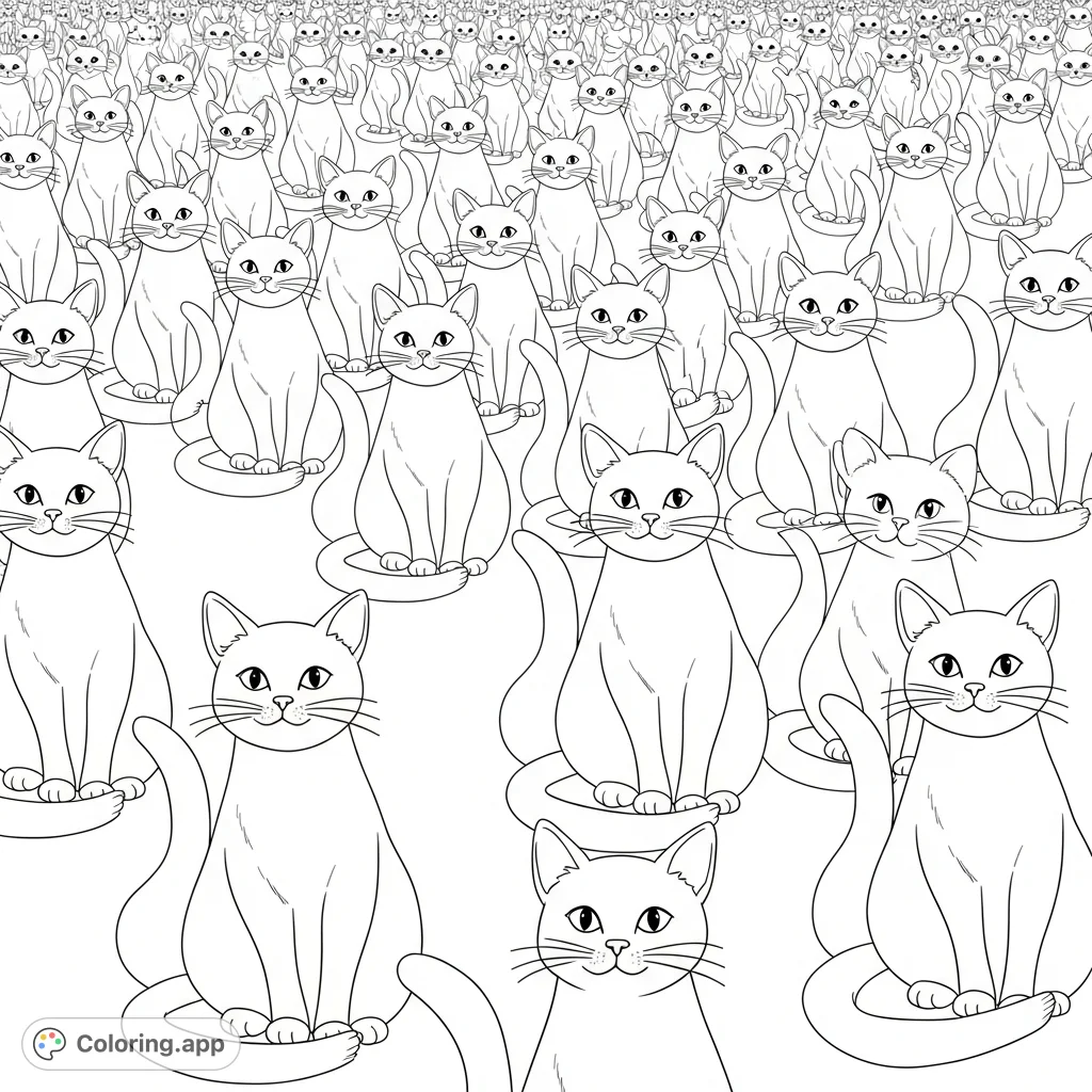 Discover a delightful pattern of cute, relaxed cats in this free printable coloring page. Each furball sits calmly, creating a serene, endless design perfect for all ages.