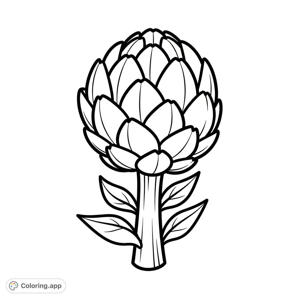 A delightful artichoke coloring page, featuring a single, simply drawn artichoke with broad leaves and a sturdy stem, perfect for all ages.