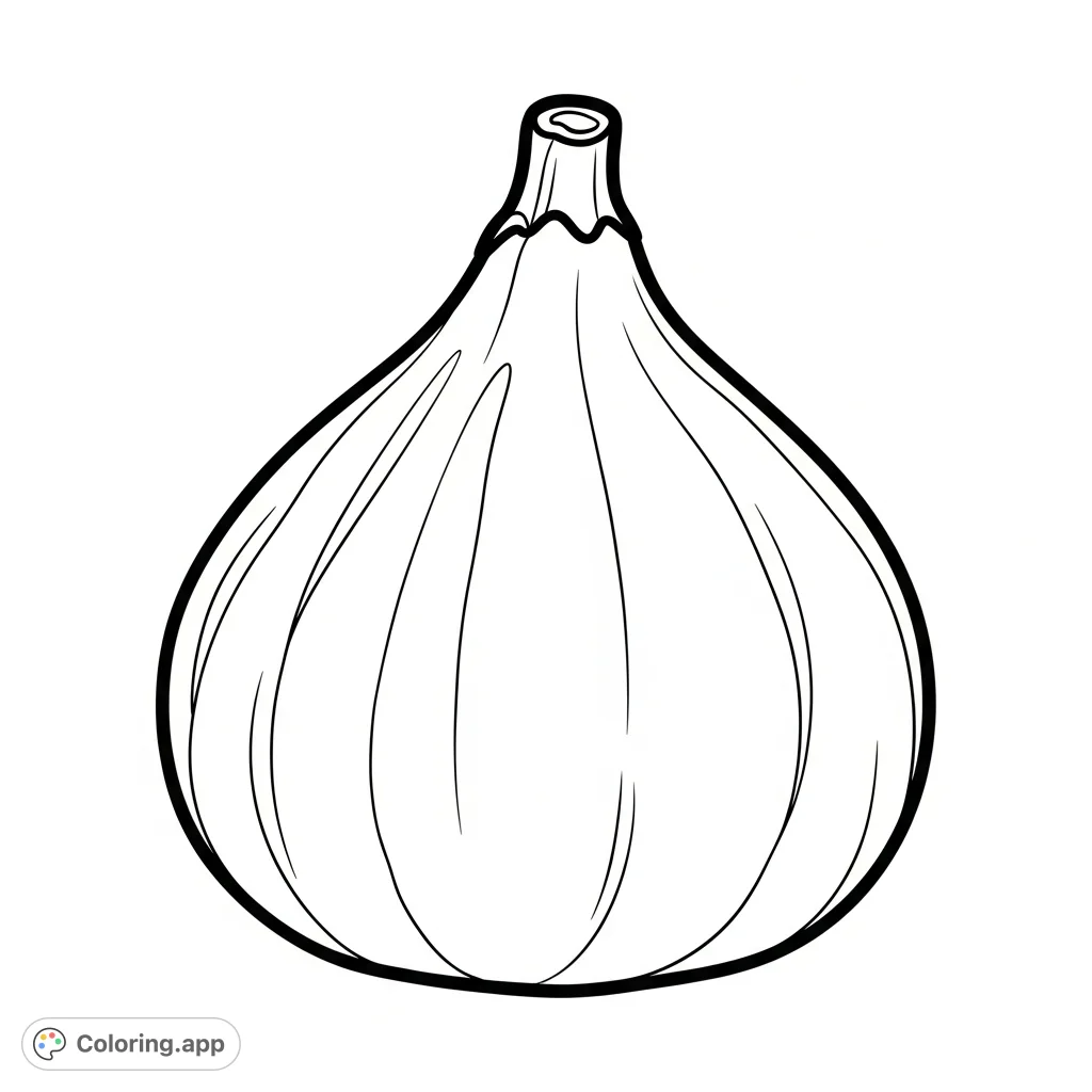 A simple, inviting fig fruit with a gentle, pear-like shape and a prominent stem, perfect for easy coloring on a free printable coloring page.