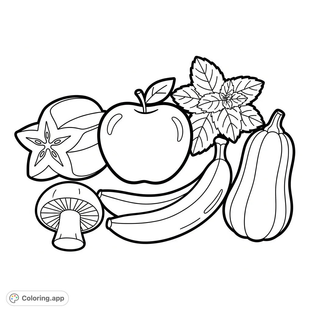 A delightful collection of simple fruits (star fruit, apple, banana) and vegetables (mushroom, mint, squash) with bold outlines, perfect for easy coloring.