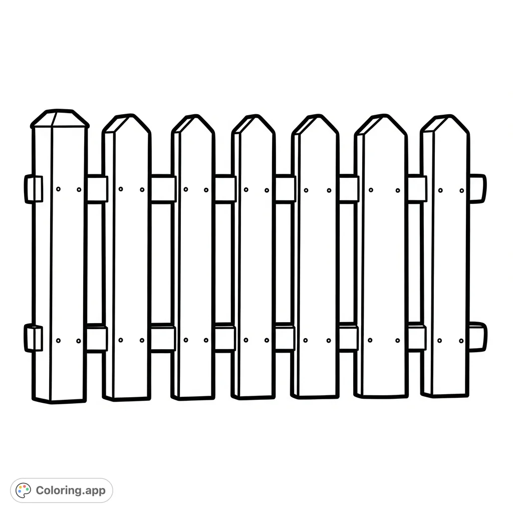 A straightforward garden fence coloring page, featuring thick outlines and broad, simple shapes, perfect for easy coloring and imaginative decoration. Free printable.