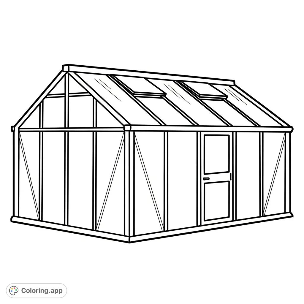 Discover a very simple greenhouse coloring page with extra thick outlines and minimal details, perfect for quick and easy coloring for all ages.