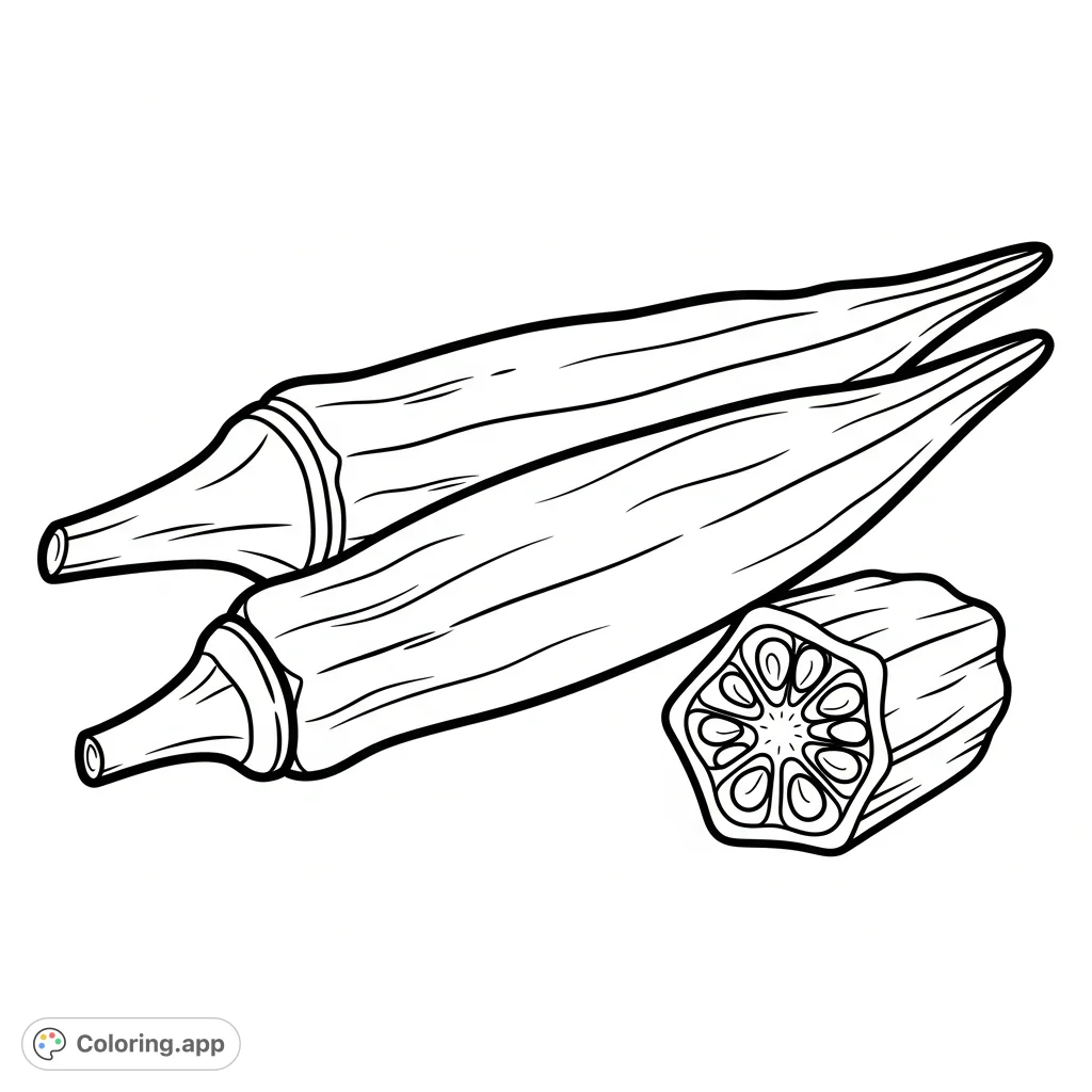 Discover the unique shapes of okra with this simple coloring page, featuring whole pods and a detailed cross-section, perfect for creative exploration.