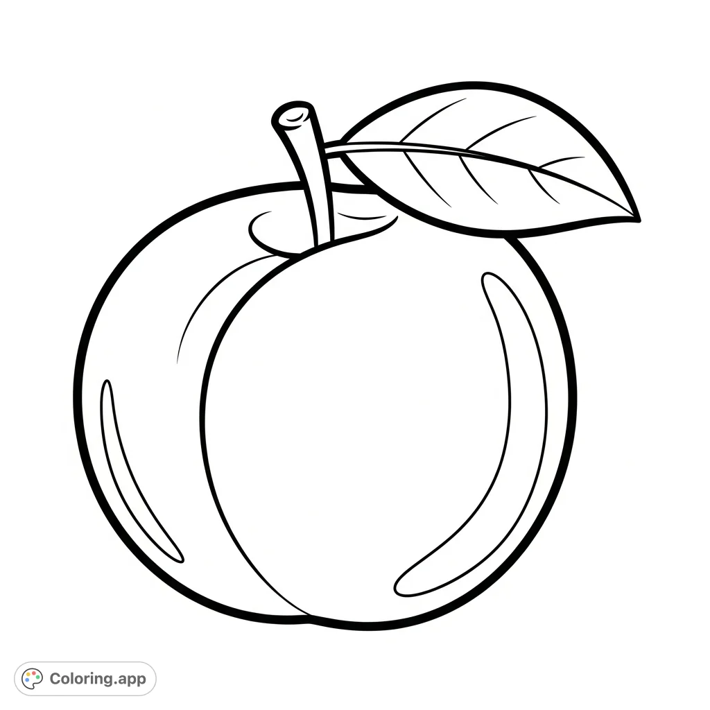 A delightful, simple peach illustration, perfect for beginner colorists. Features a plump fruit with a small stem and a single leaf.