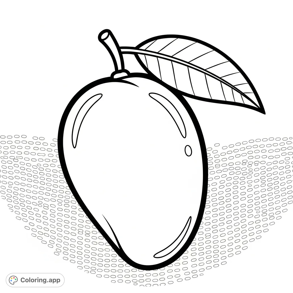A charming and simple mango coloring page, featuring a plump fruit with a leaf and prominent outlines against a subtly patterned background. Perfect for all ages!