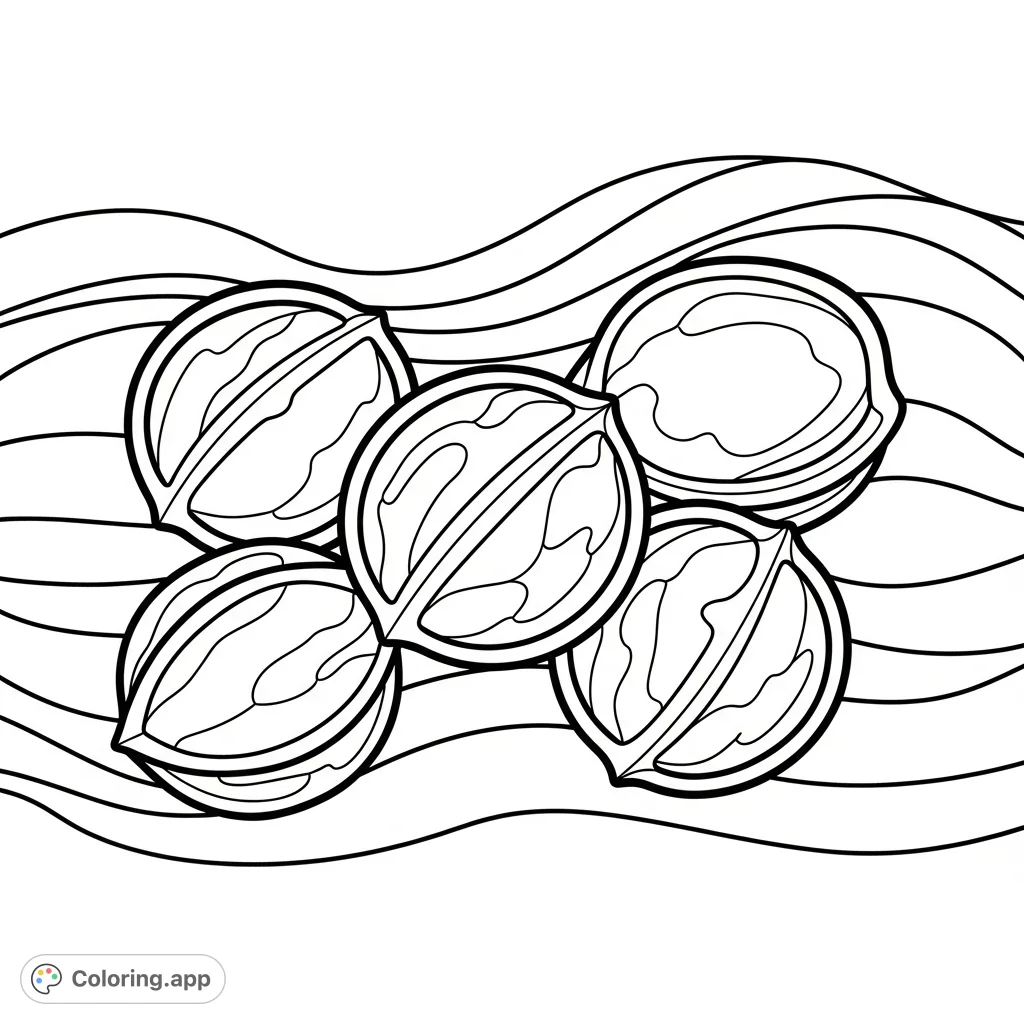 Discover a delightful walnuts coloring page featuring simple, thick-outlined walnuts set against a beautiful, calming wavy background. Perfect for relaxation.