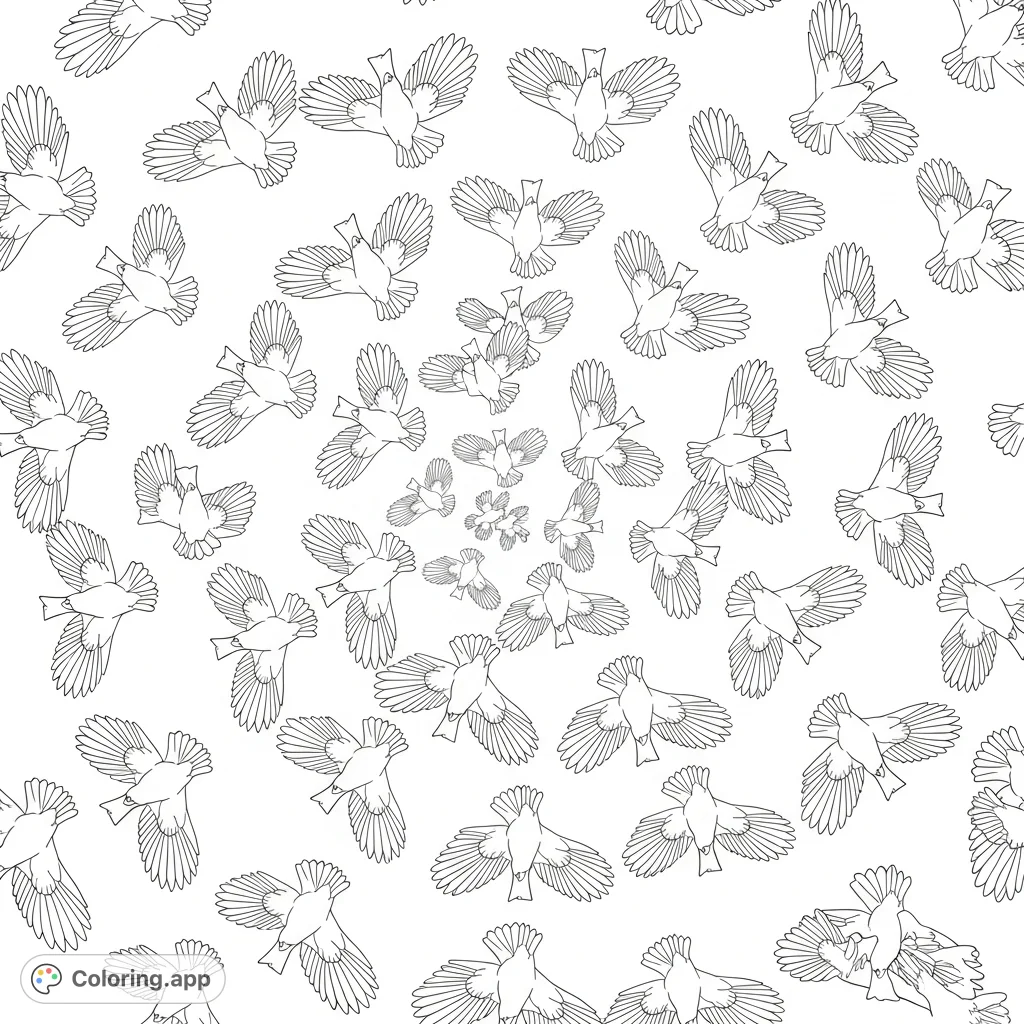 Discover a mesmerizing aerial birds coloring page featuring a flock of tiny, identical birds soaring in a dynamic, swirling spiral formation across a vast sky.