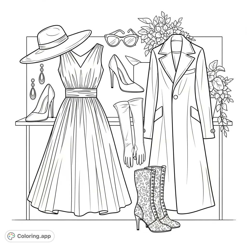 Discover an elegant summer fashion coloring page featuring a midi dress, hat, sunglasses, coat, and accessories, arranged for a chic photo shoot. Perfect for fashion enthusiasts.