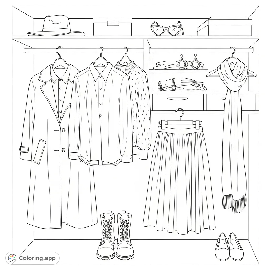 Explore a stylish Sport-Chic closet featuring a coat, skirt, boots, and accessories. A detailed fashion coloring page for creative expression.