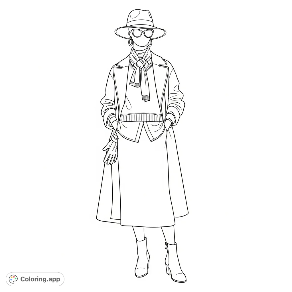 Color a detailed Sport-Chic fashion ensemble on a headless mannequin, featuring layered clothing and stylish accessories like a hat, scarf, and boots.