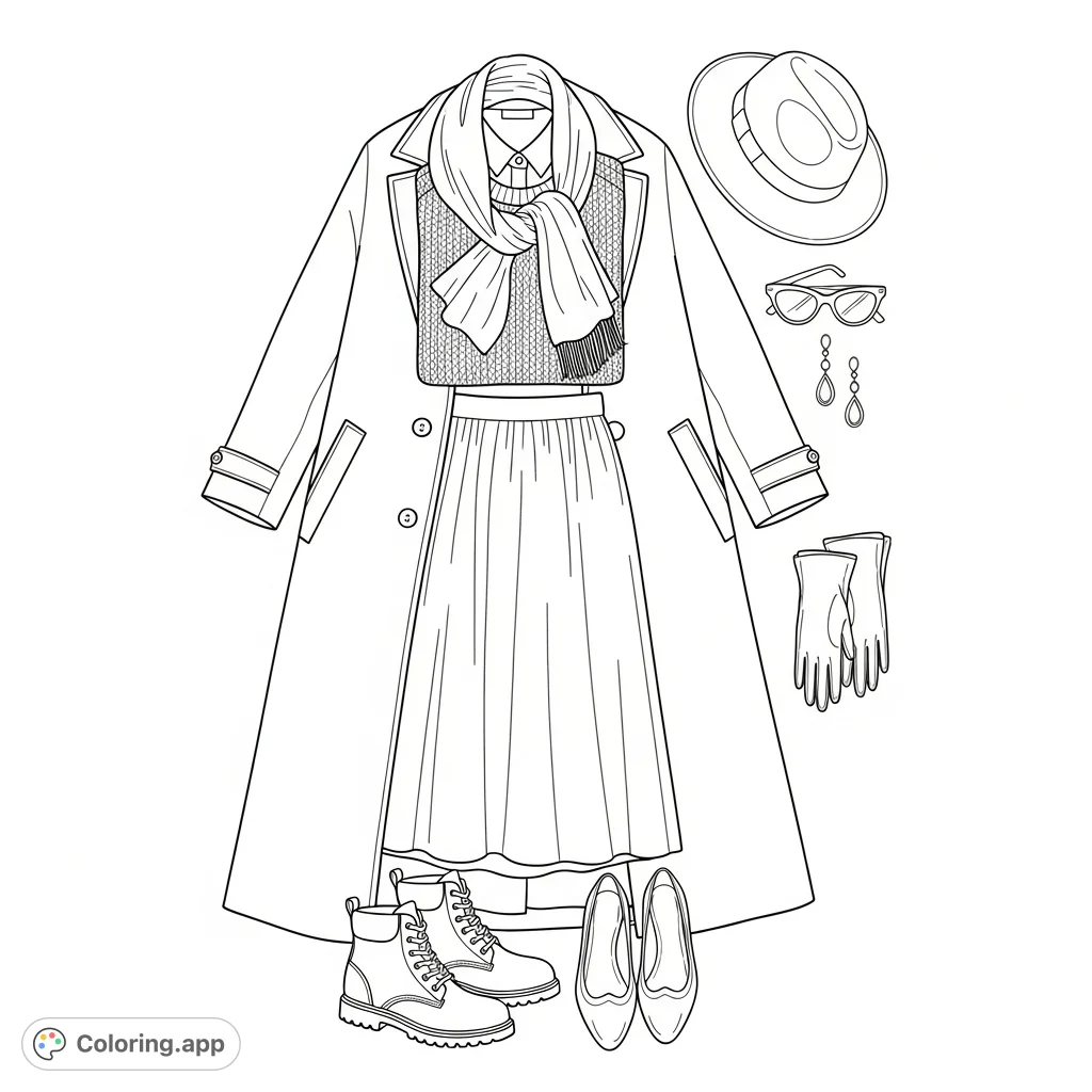 Explore a stylish Sport-Chic outfit laid flat, featuring a coat, shirt, skirt, and accessories. A detailed fashion coloring page for style enthusiasts.