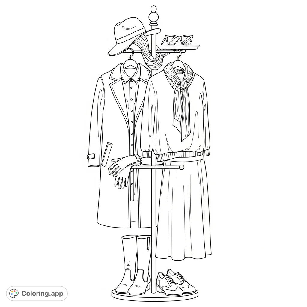 A sophisticated valet stand showcasing a complete Sport-Chic outfit with a coat, shirt, skirt, hat, and accessories, ready for creative coloring.