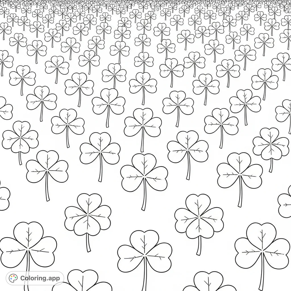 Explore a serene pattern of identical three-lobed clover leaves arranged in a precise grid, offering a calming and repetitive design perfect for mindful coloring.