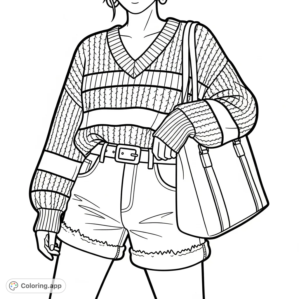 Color a stylish outfit featuring a V-neck striped sweater, denim shorts with frayed hems, a narrow belt, and a structured tote bag. Perfect for fashion enthusiasts!