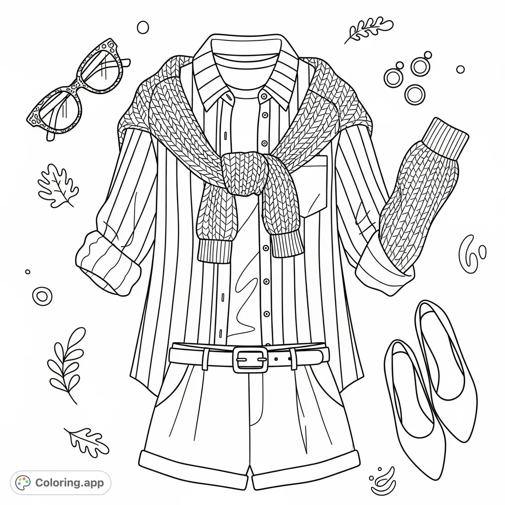 A chic casual outfit laid flat, featuring a striped shirt, knitted sweater, pleated shorts, and accessories like patterned eyeglasses and pointed-toe flats.