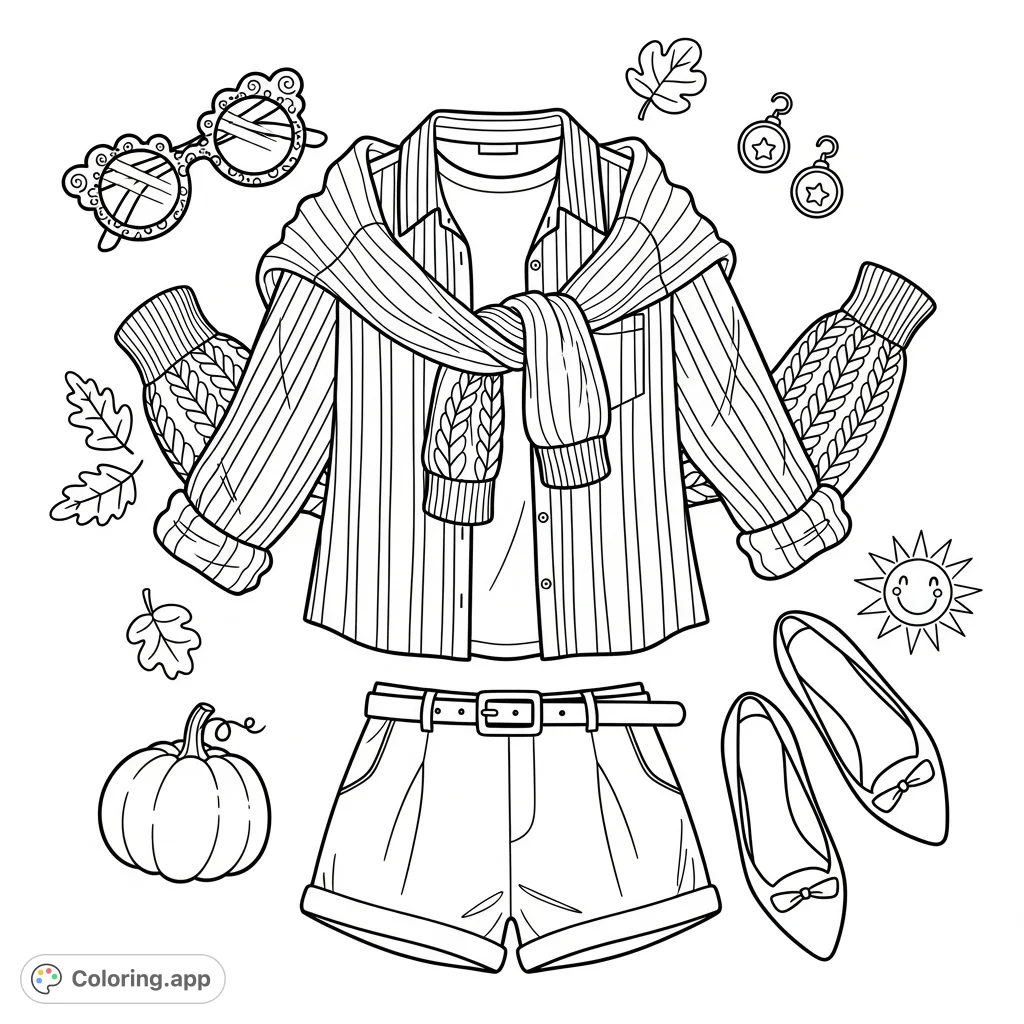 Discover a chic casual outfit laid flat, featuring a striped shirt, knitted sweater, pleated shorts, and accessories. Perfect for fashion enthusiasts!