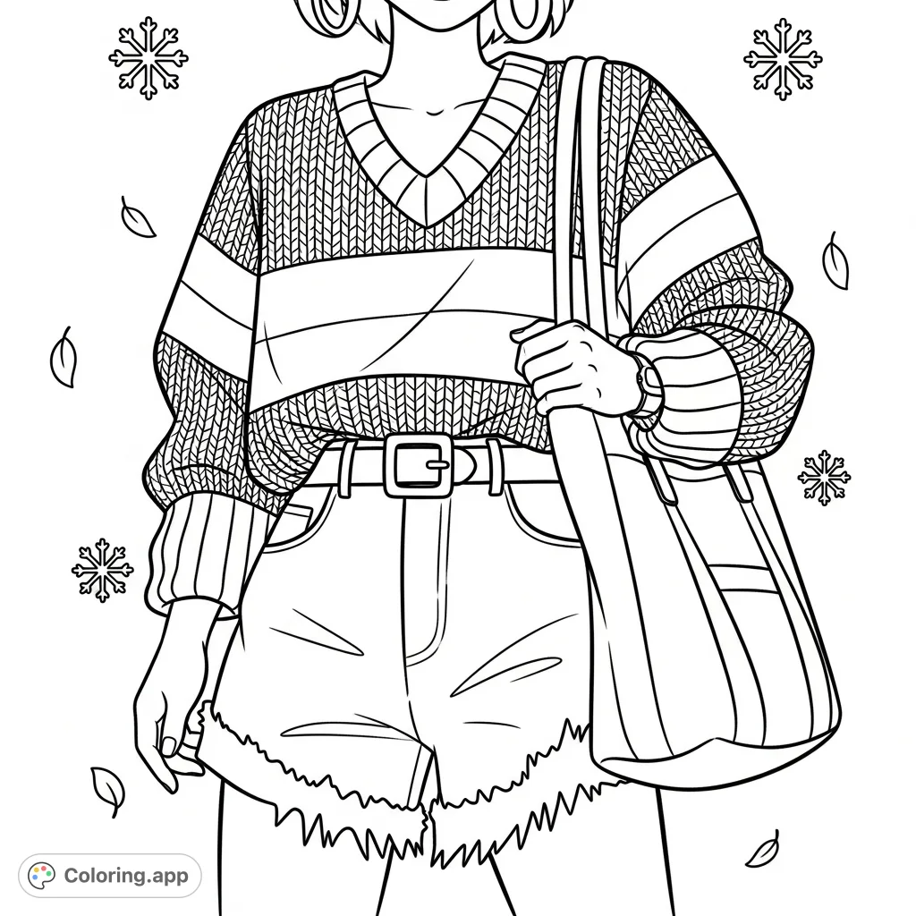 A trendy fashion coloring page featuring a V-neck striped sweater, denim shorts with frayed hems, a belt, and a structured tote bag. Perfect for fashion enthusiasts.