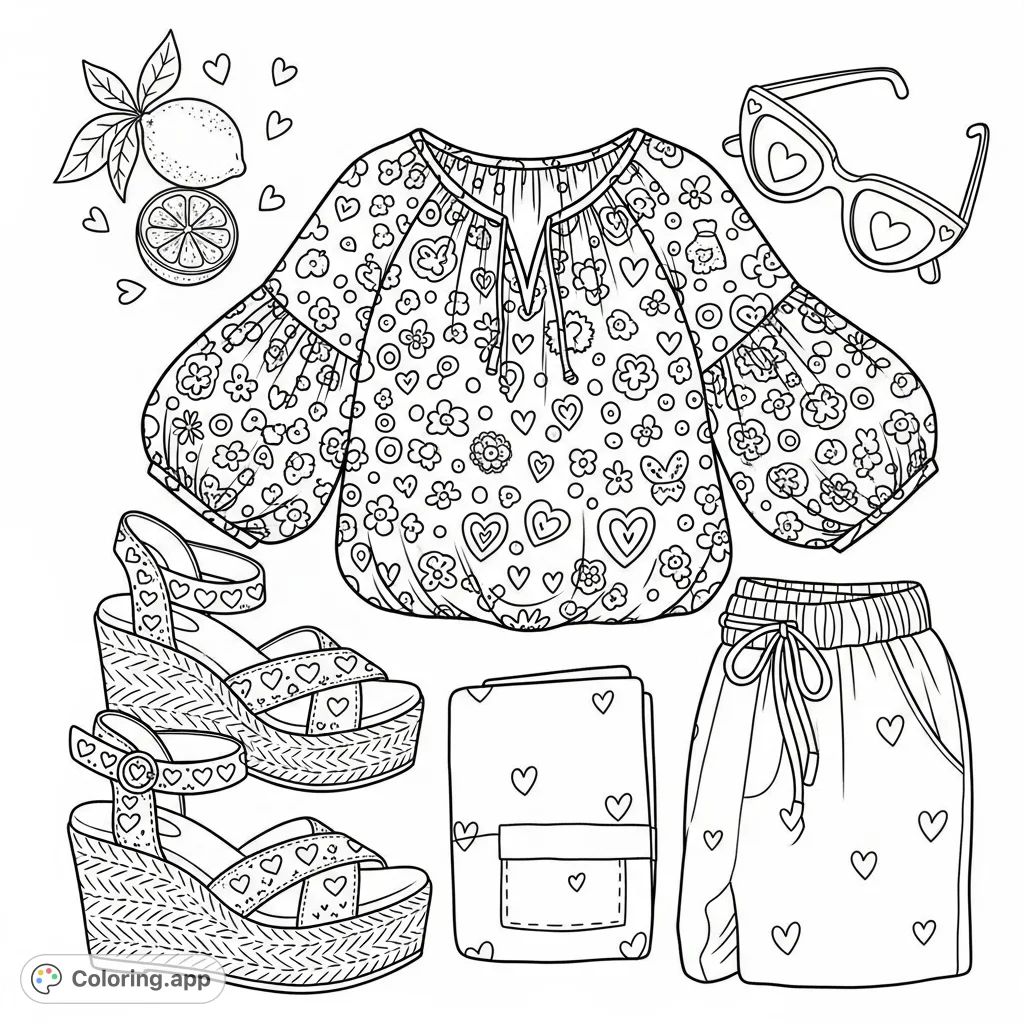 Discover a stylish summer apparel flat lay coloring page featuring a patterned blouse, relaxed trousers, wedge sandals, sunglasses, and citrus fruits. Perfect for fashion enthusiasts.