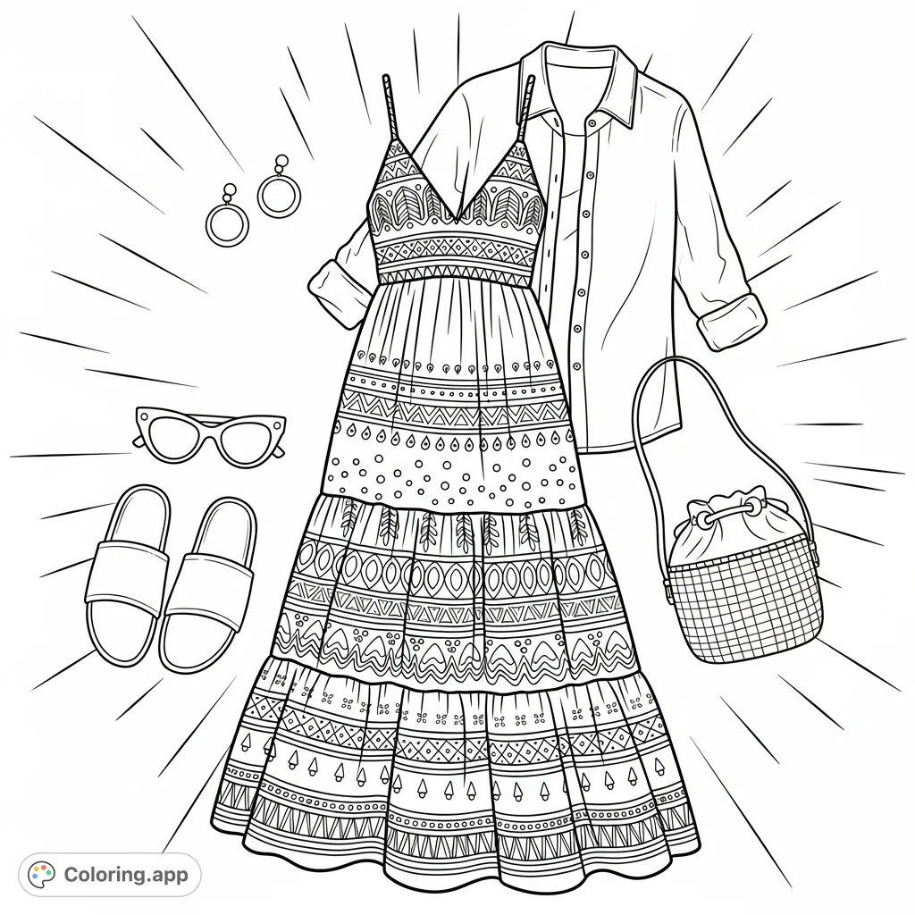 A stylish summer outfit featuring a tiered maxi dress with intricate patterns, a draped shirt, sandals, a straw bag, sunglasses, and hoop earrings, ready for your creative touch.
