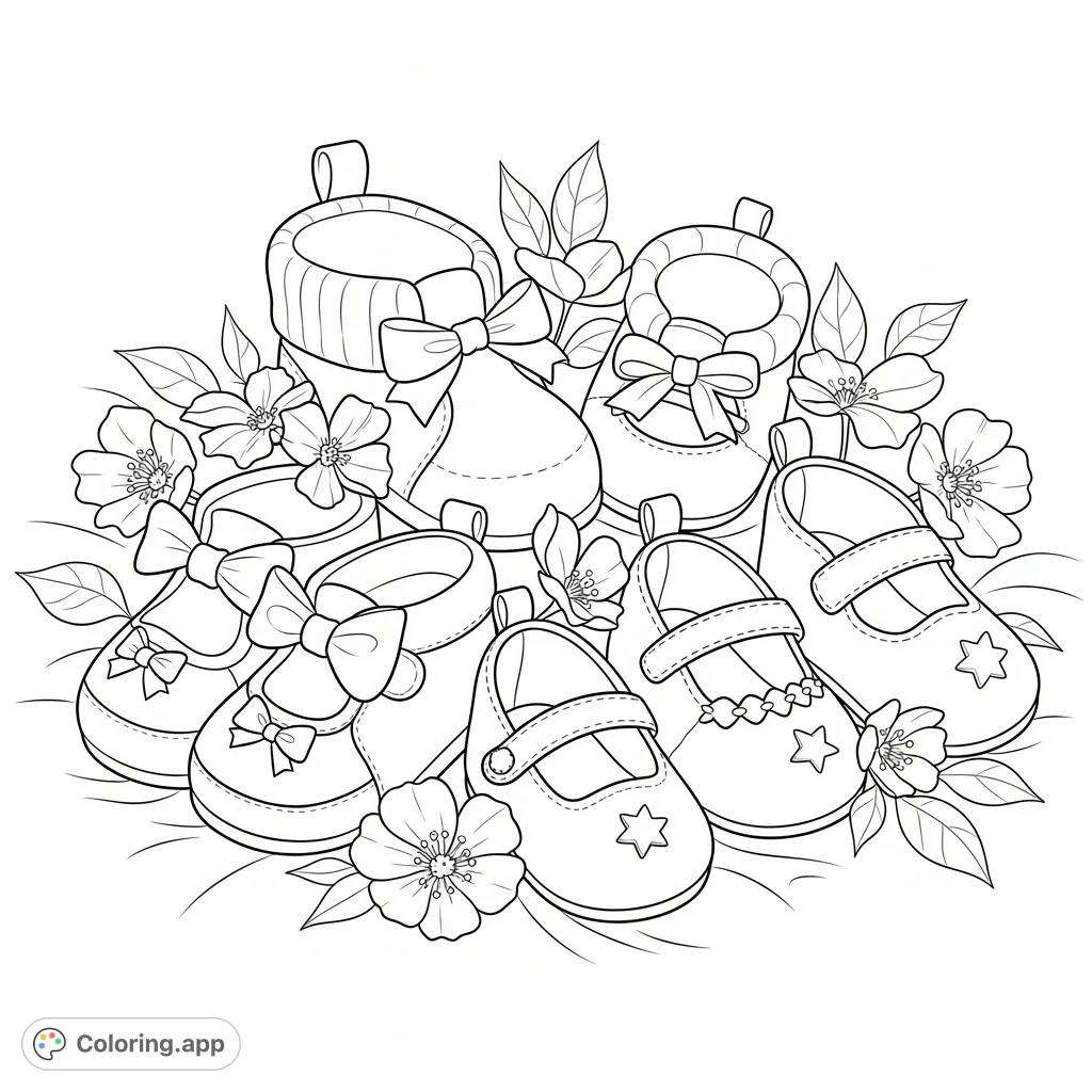 Discover a charming array of tiny baby booties, soft slippers, and miniature Mary Janes, nestled among delicate leaves and flower blossoms.