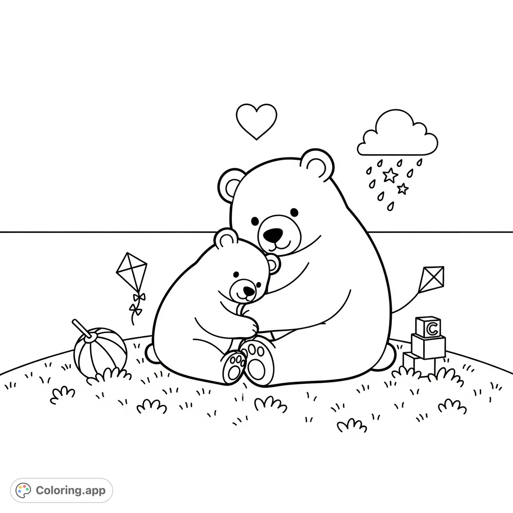 Two adorable bears sit on a hill, one leaning against the other, with a heart floating above. A charming scene symbolizing warmth and companionship.