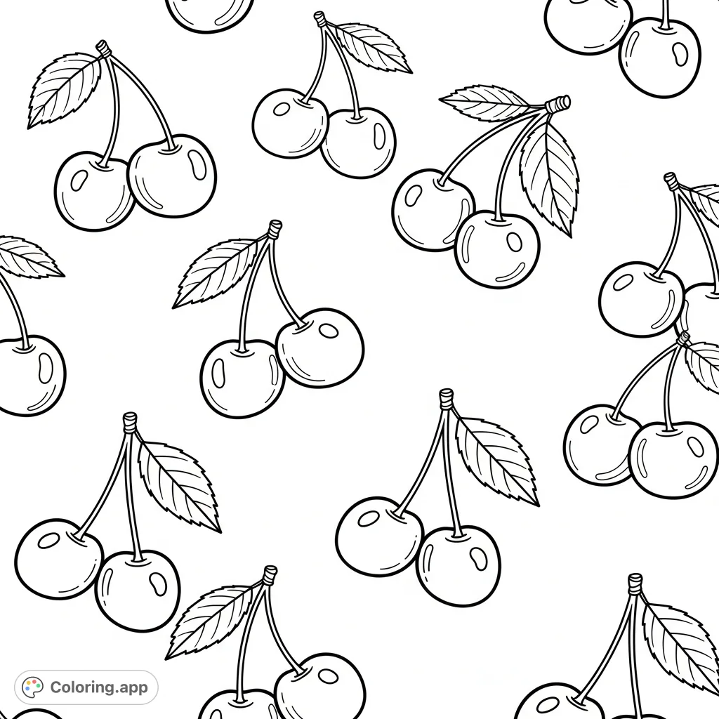 A delightful, seamless cherry pattern coloring page featuring plump cherries and leaves with thick outlines, perfect for relaxation and creative expression.