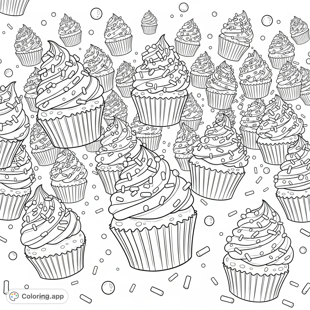 A delightful scene bursting with numerous frosted cupcakes, each topped with swirled icing and playful sprinkles, inviting a burst of creative coloring fun.