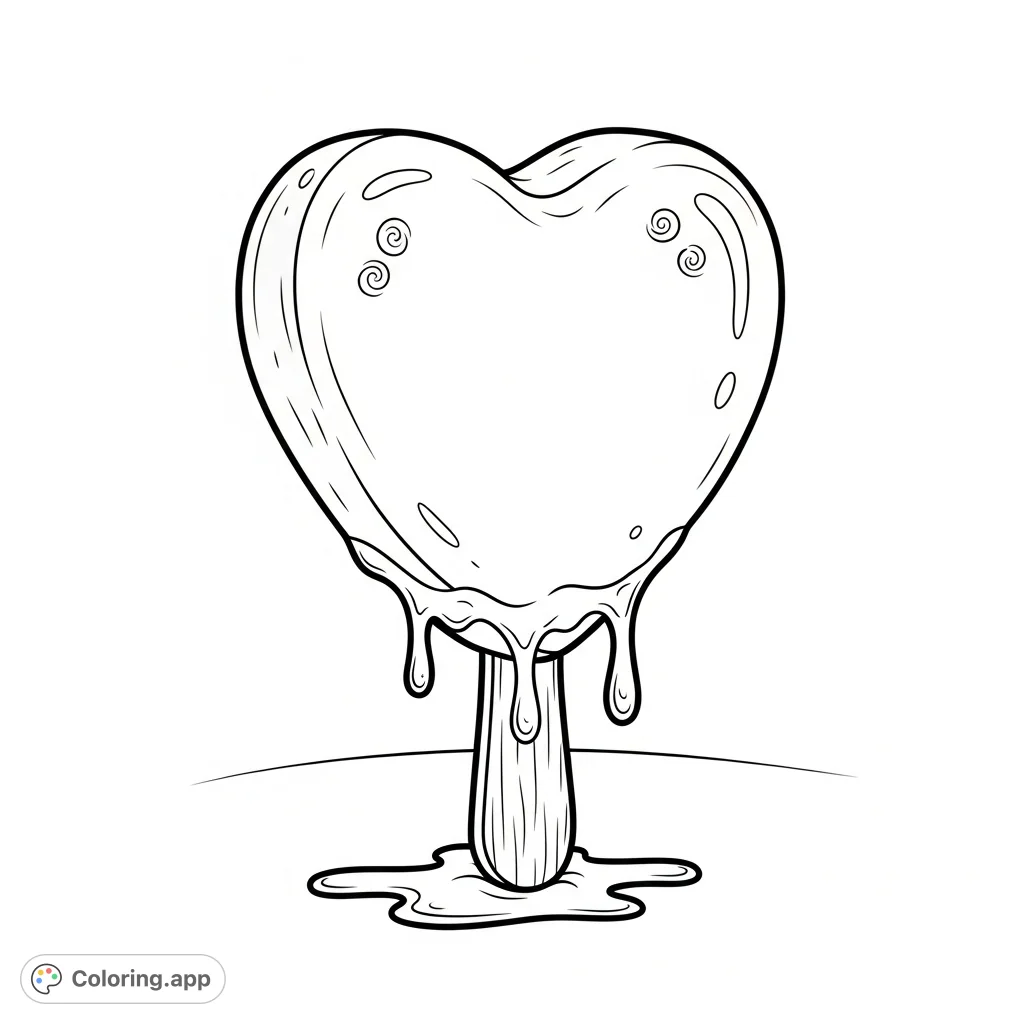 A delightful heart-shaped popsicle, adorned with a delicate swirl, stands on a stick, with whimsical melted drops below. Perfect for a sweet, simple coloring experience.