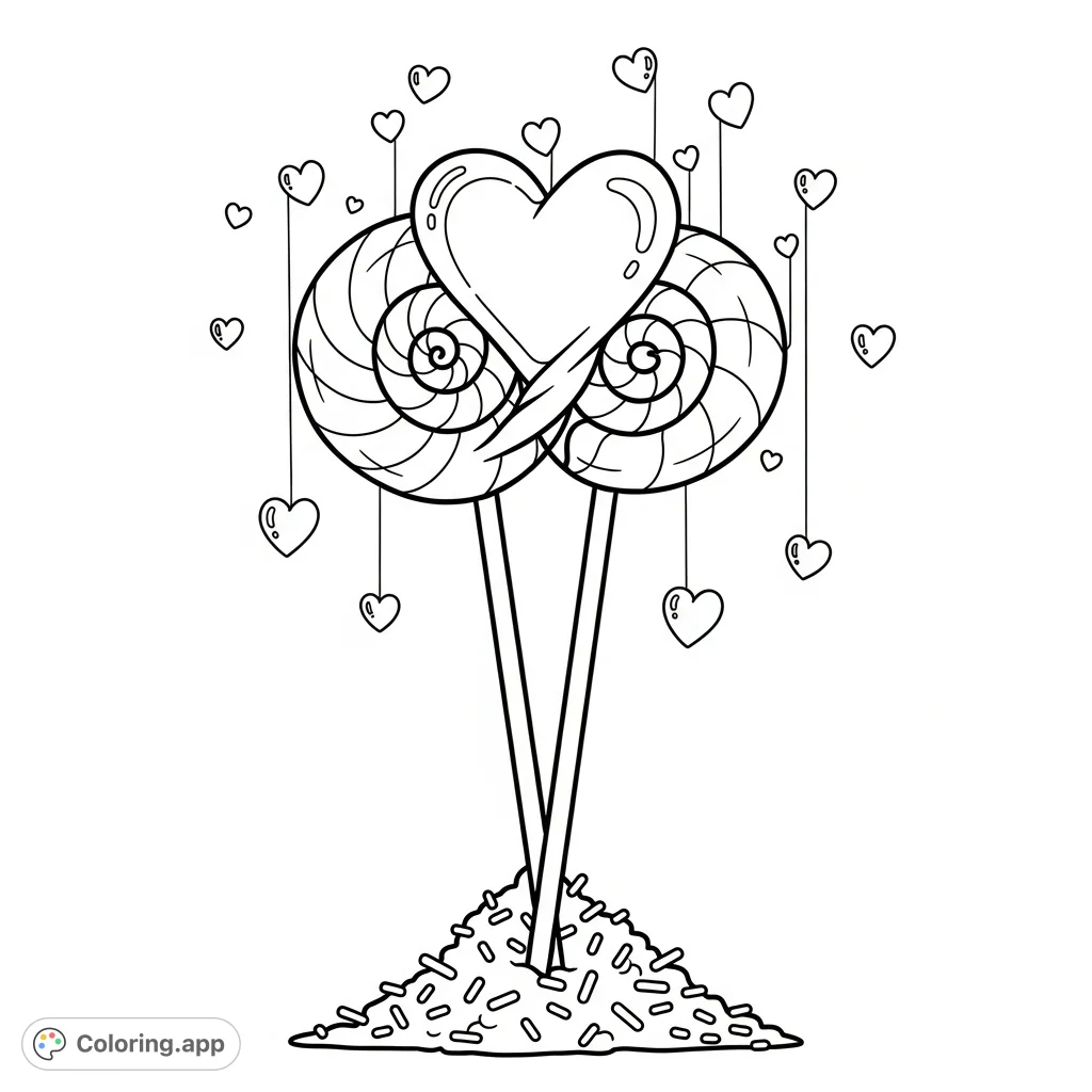 A delightful coloring page featuring two lollipops forming a heart, surrounded by sprinkles and small floating hearts. A charming, sweet scene.