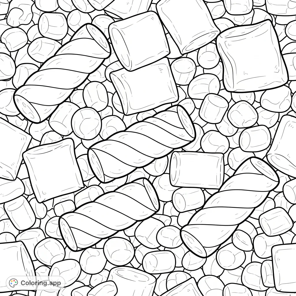 Discover a delightful seamless pattern filled with various marshmallow shapes! Twisted logs, square pillows, and small rounds create a whimsical confectionery scene for coloring.