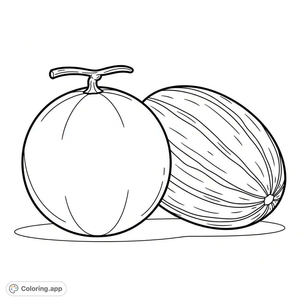 A simple yet charming coloring page featuring two distinct melons, perfect for a relaxing creative session or a fun activity for all ages.