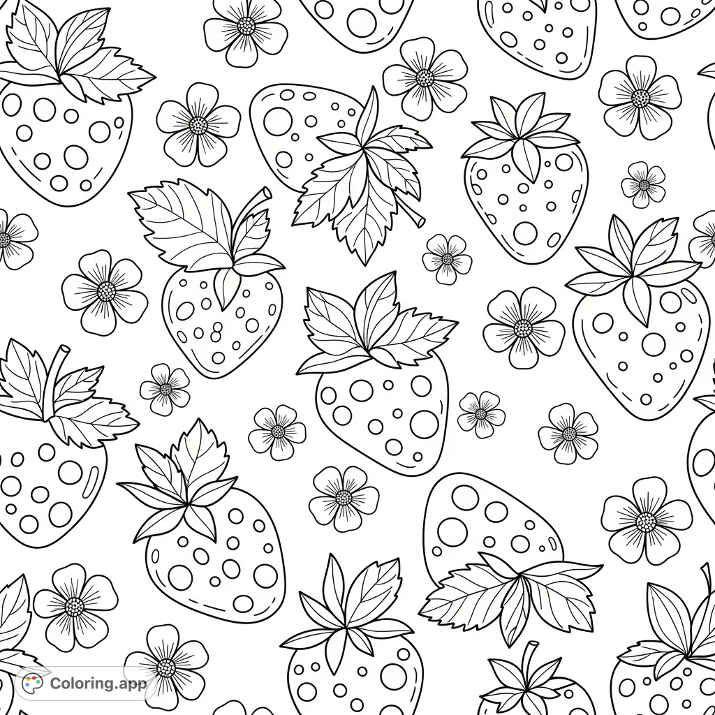 Discover a charming, seamless strawberry pattern coloring page featuring simple fruit shapes, leaves, and flowers with extra thick outlines. Perfect for relaxation and creative expression.
