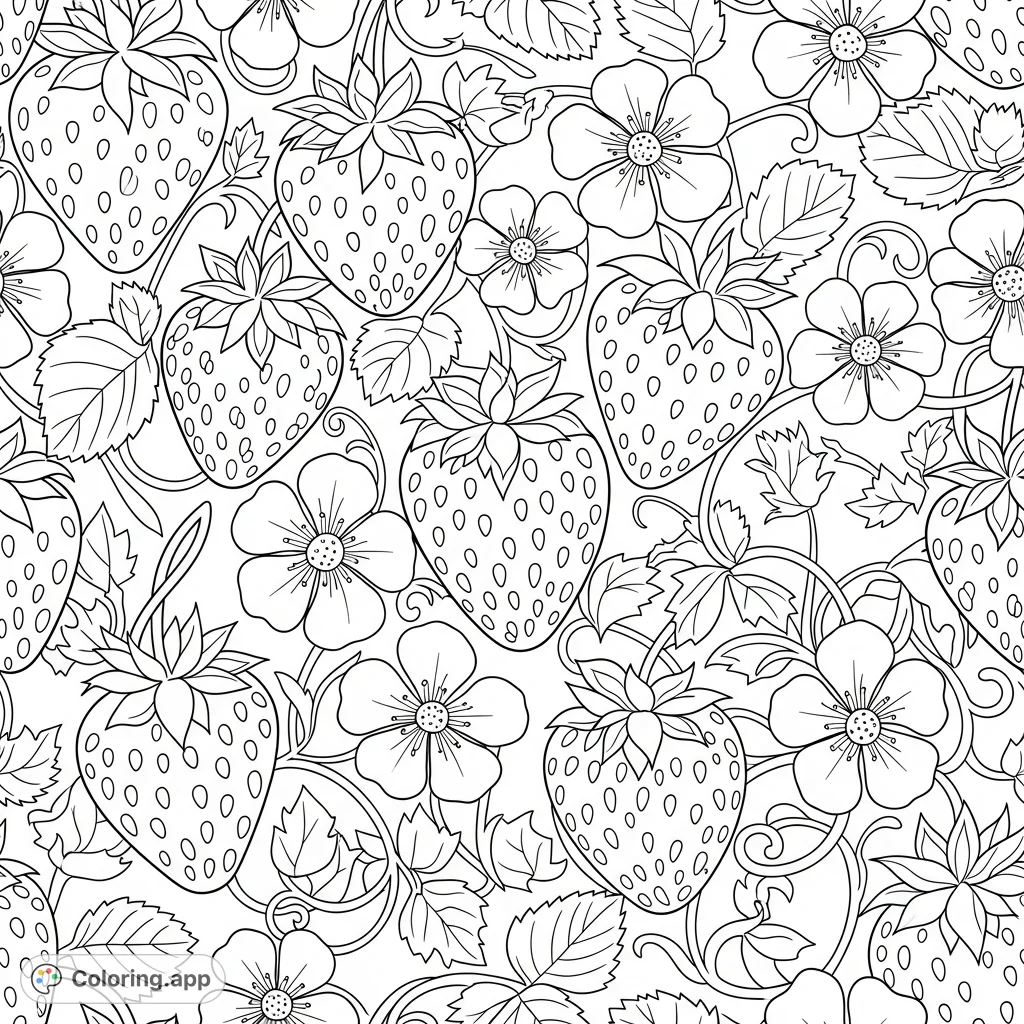 A delightful, simple strawberry pattern coloring page for stress relief and joyful creativity. Features berries, blossoms, and leaves with thick outlines, perfect for all ages.