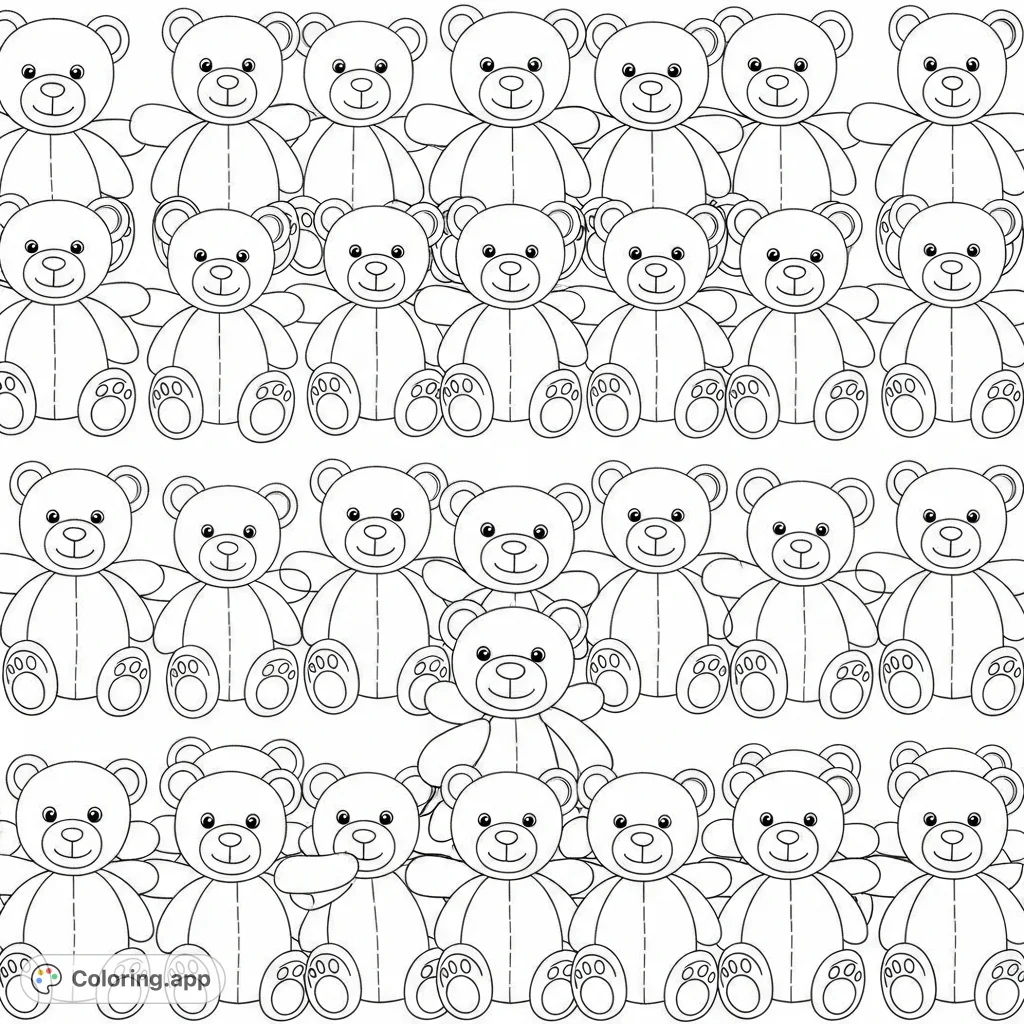 A comforting, symmetrical display of classic teddy bears in tightly packed rows, each with a friendly stitched smile, offering a scene of gentle nostalgia.