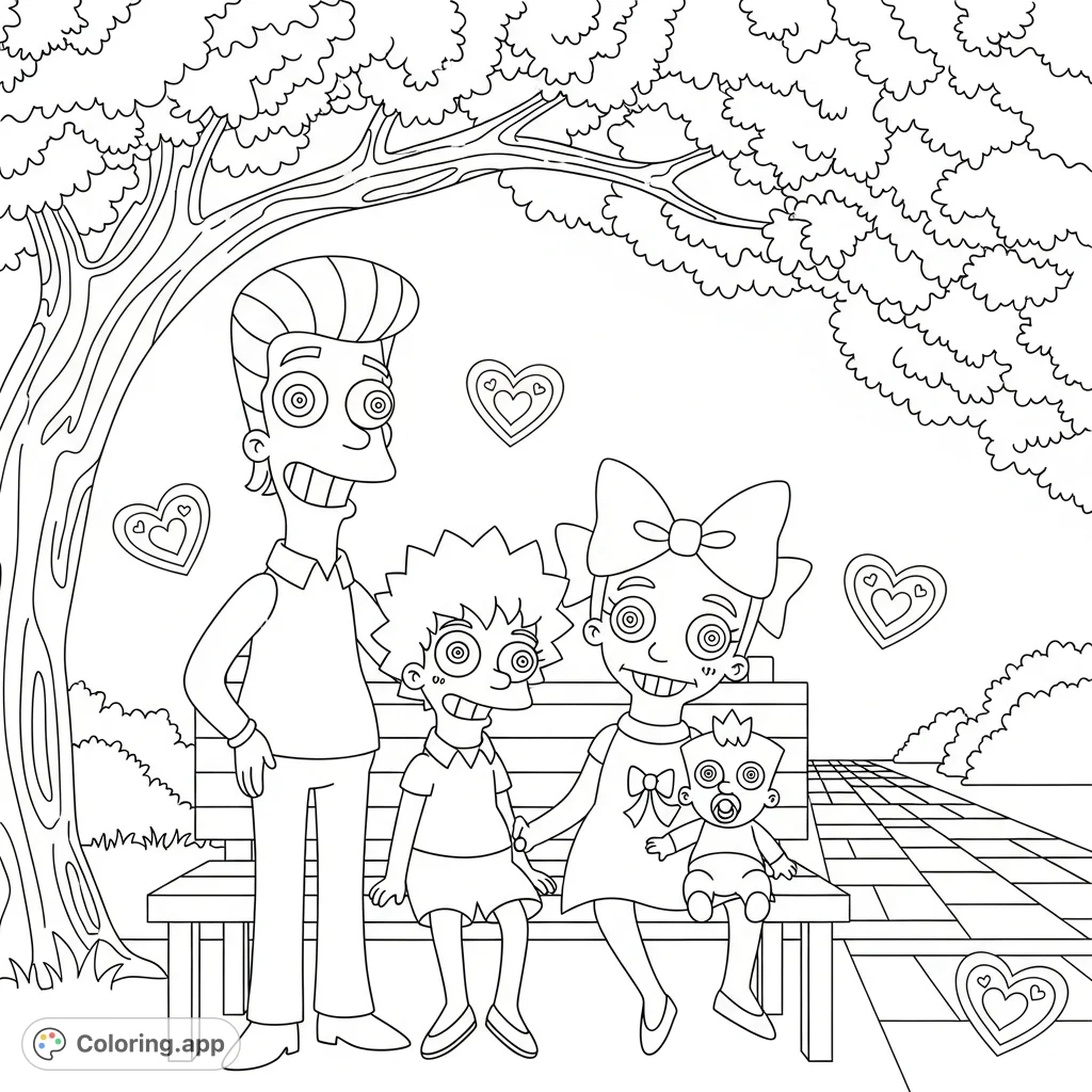 A cheerful Sympson-style family enjoys a park outing, featuring iconic faces, playful poses, and a classic suburban setting. A fun, free printable coloring page.