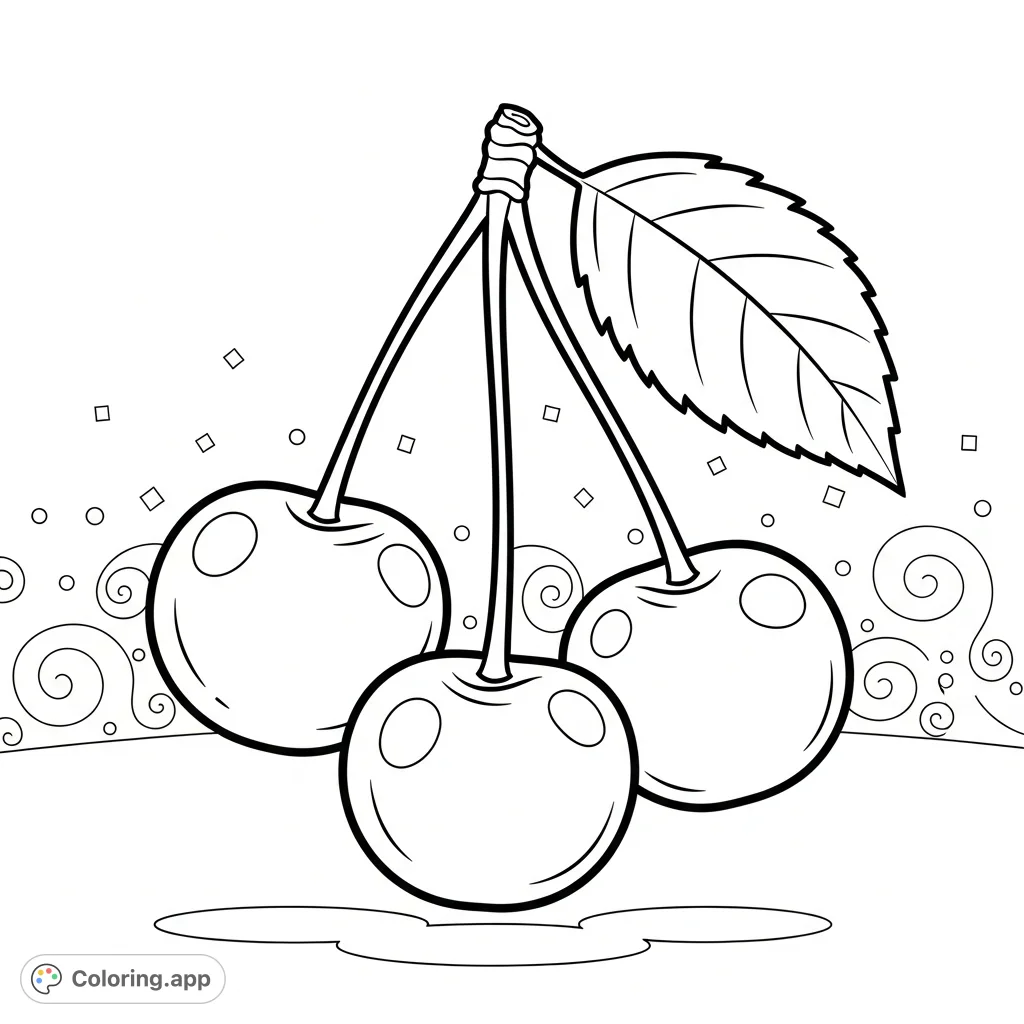 Discover a charming cherry coloring page with three plump fruits, a delicate leaf, and a cute, whimsical background, perfect for a joyful coloring experience.