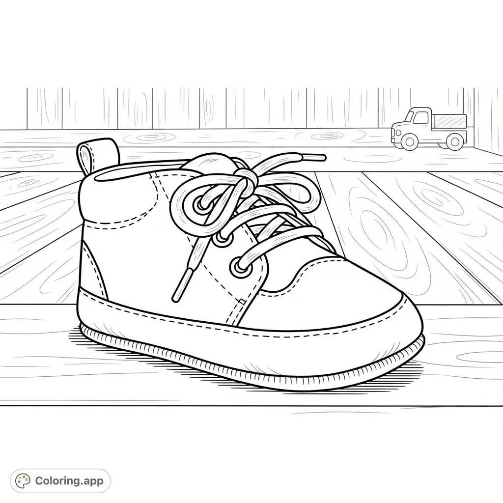 A charming close-up of a tiny, gently worn baby shoe with delicate stitching and tied laces, resting on a polished wooden floor with a blurred toy truck in the distance.