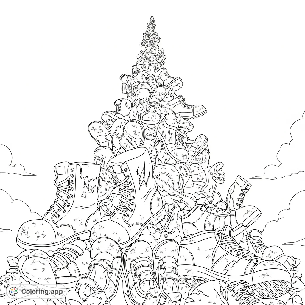 Explore a poignant scene depicting a towering, chaotic mound of worn and mismatched shoes, each telling a silent story against a vast, stark sky.