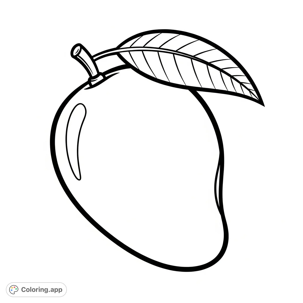 A simple, inviting mango fruit outline, perfect for easy coloring. Features a smooth shape, a small stem, and a graceful leaf, ideal for beginners.