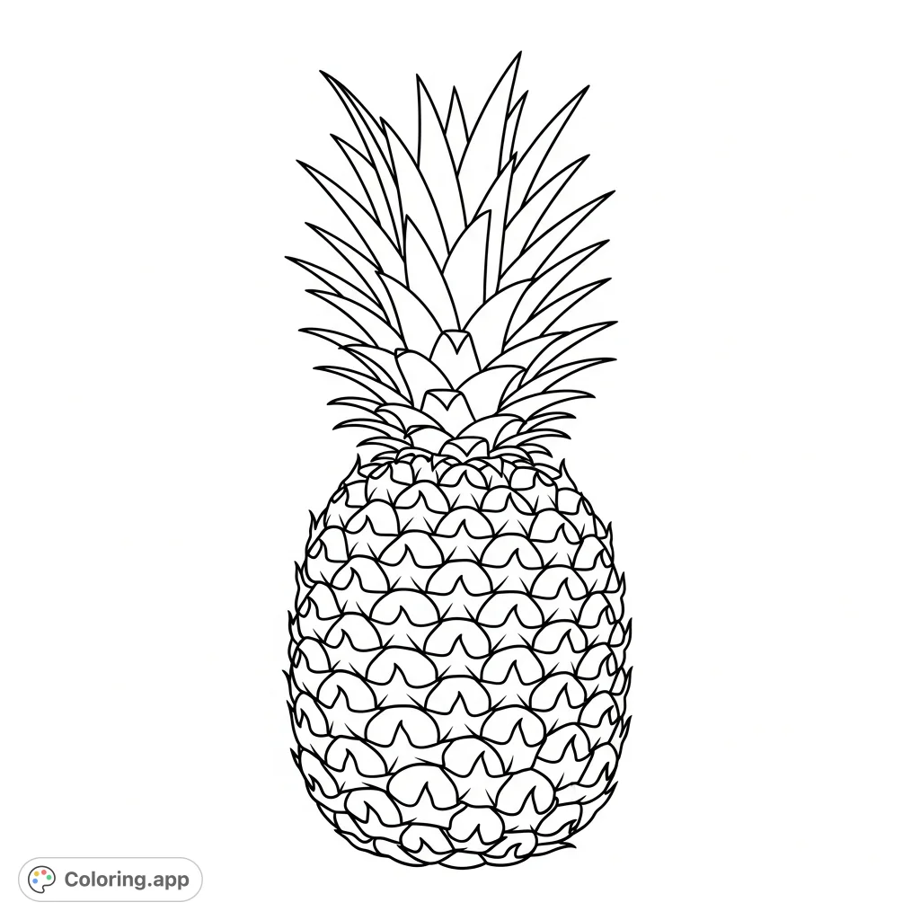 A simple, charming pineapple coloring page featuring a single, large fruit with its textured body and spiky crown. Perfect for all ages!