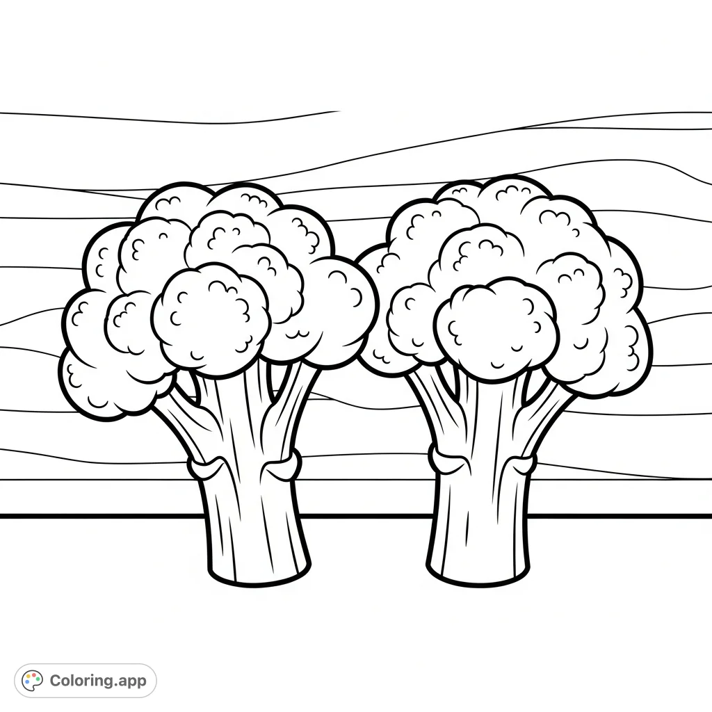 A delightful broccoli coloring page featuring two simple, sturdy florets with thick outlines, perfect for learning about healthy foods and developing fine motor skills.