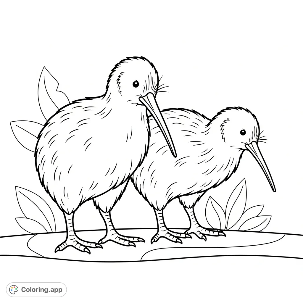 Discover a charming, simple kiwi coloring page featuring two friendly kiwi birds with their characteristic shapes and long beaks, perfect for all ages.