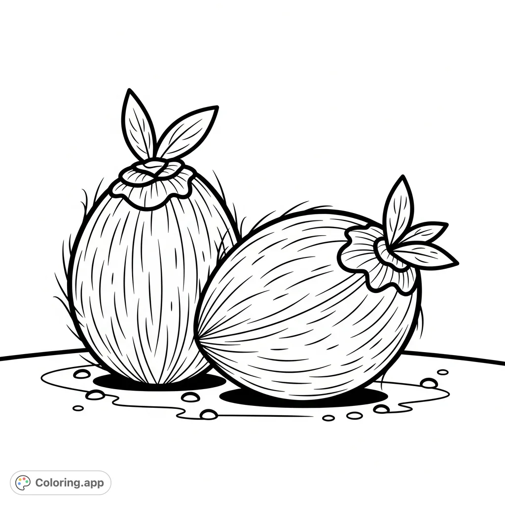 A charming, simple coloring page featuring two coconuts with textured husks, one upright and one lying down, perfect for a relaxing tropical escape. Ideal for all ages.