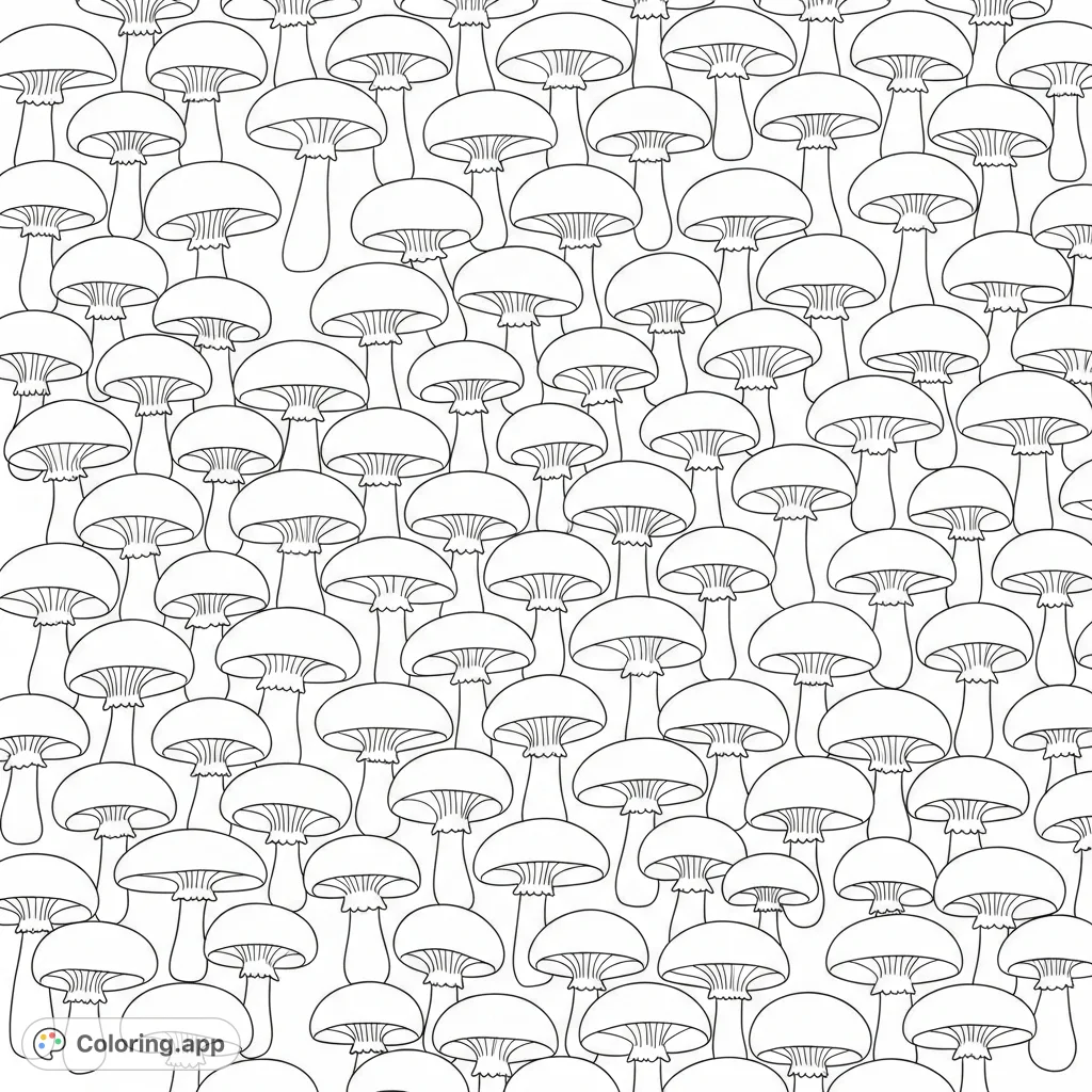 Explore a uniform grid of stylized mushrooms with broad caps and sturdy stems, forming a rhythmic natural pattern. Perfect for mindful coloring.