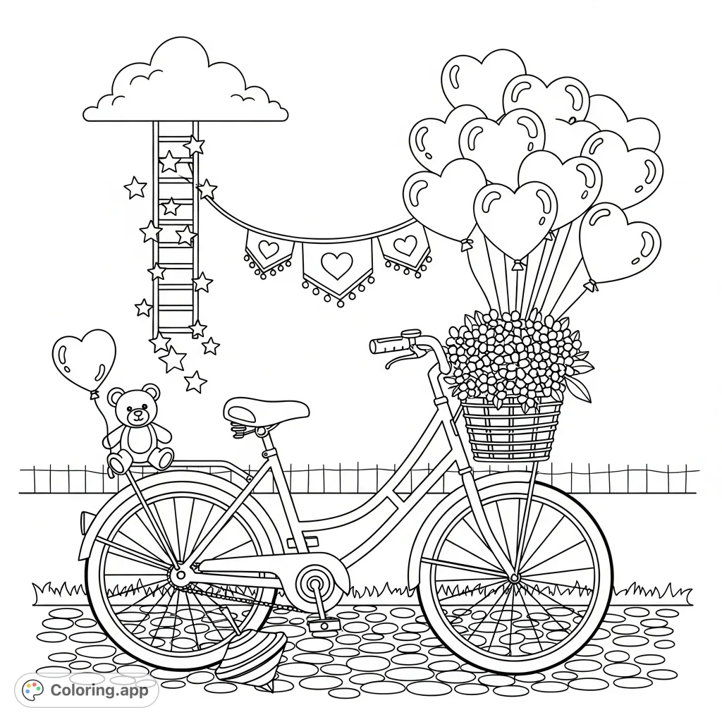 A charming vintage bicycle, adorned with a basket full of heart-shaped balloons and flowers, resting on a cobbled path. Perfect for expressing warmth and affection.