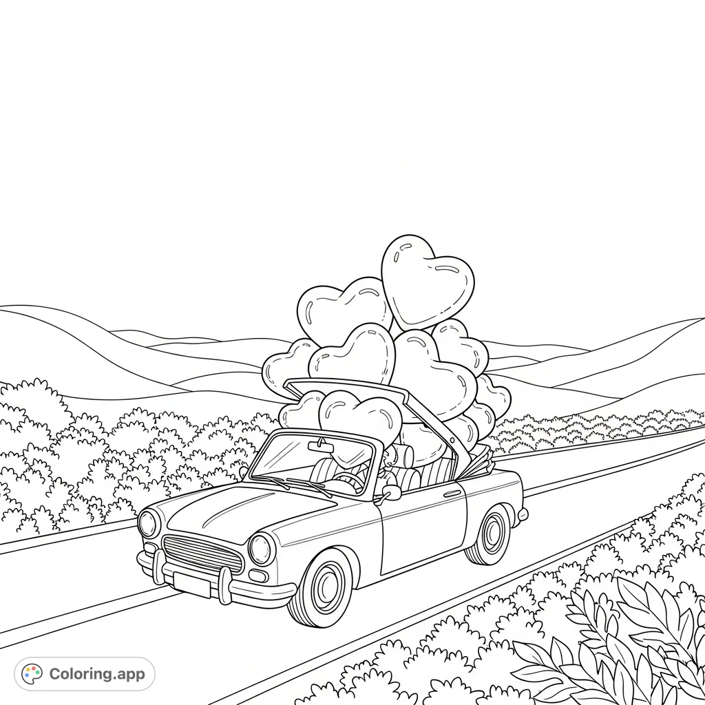 A charming vintage convertible, brimming with heart-shaped balloons, travels a winding road through a lush landscape under an open sky. A joyful, free printable coloring page.