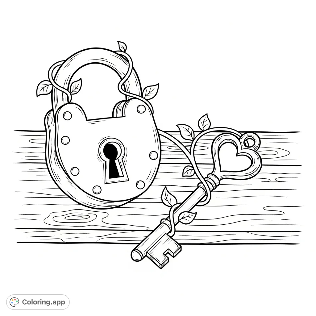 Unlock creativity with this charming vintage padlock and heart-shaped key coloring page. Featuring a rustic wooden plank and delicate vine details, it's a delightful design for all ages.