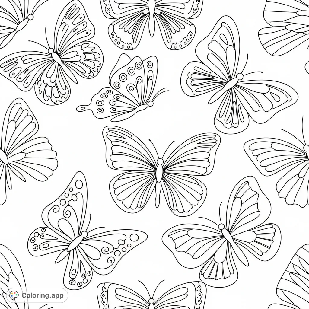 Discover a beautiful, calming butterfly pattern coloring page. Features various stylized butterflies with thick outlines for joyful and stress-free coloring.