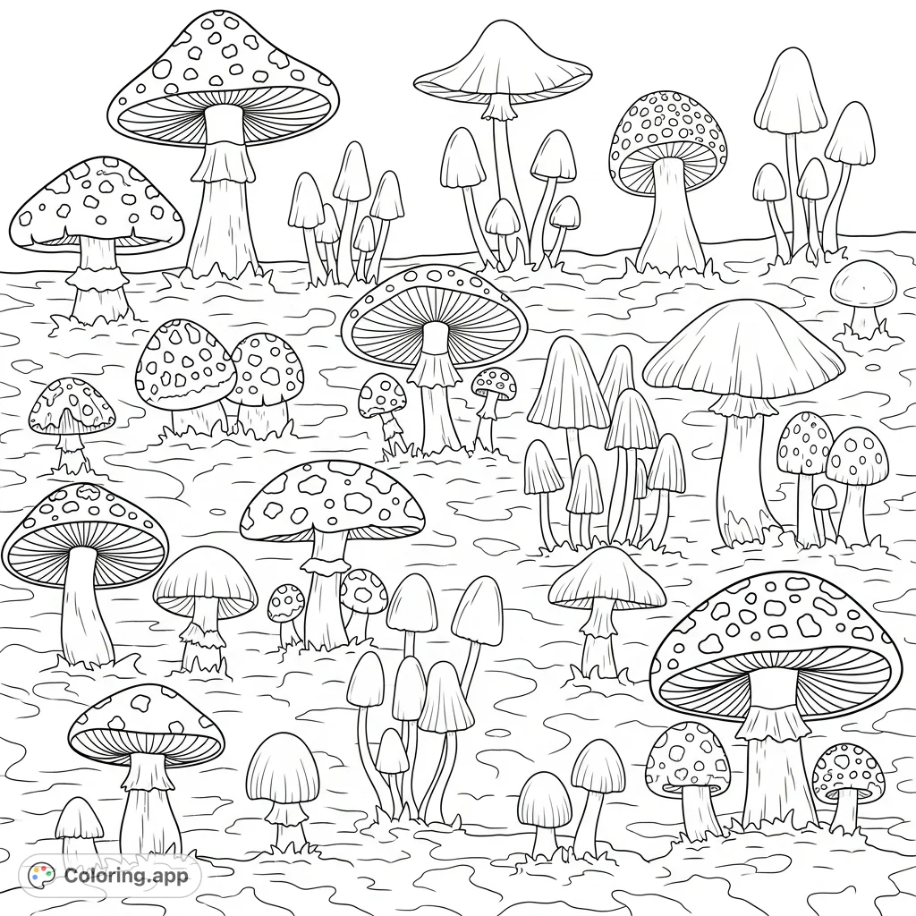Whimsical Forest Mushroom Clusters - Coloring.app