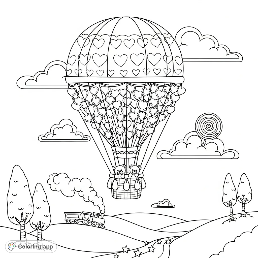 Soar with a whimsical hot air balloon, its basket brimming with tiny heart balloons. Featuring heart patterns and serene hills below, this free printable coloring page offers a delightful escape for all ages.